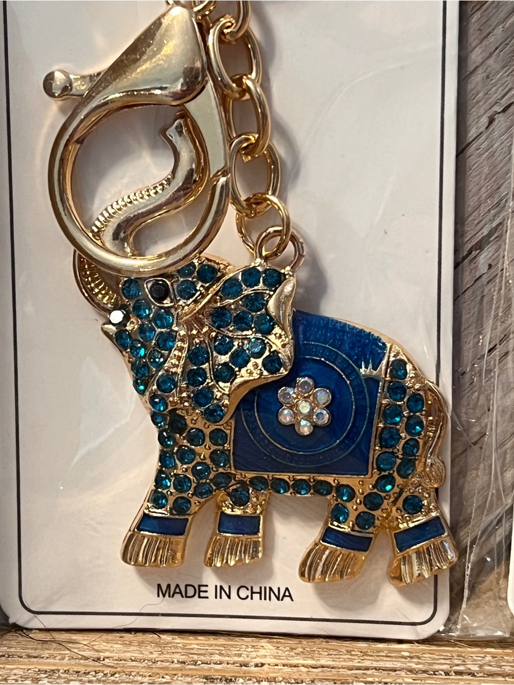 Gold and Blue Elephant Keychain Bag Charm with Crystals